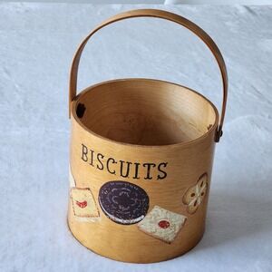 Vintage Wood‎ Biscuit Barrel Hand Painted Cookies Pail 50s Farmhouse Cottage MCM